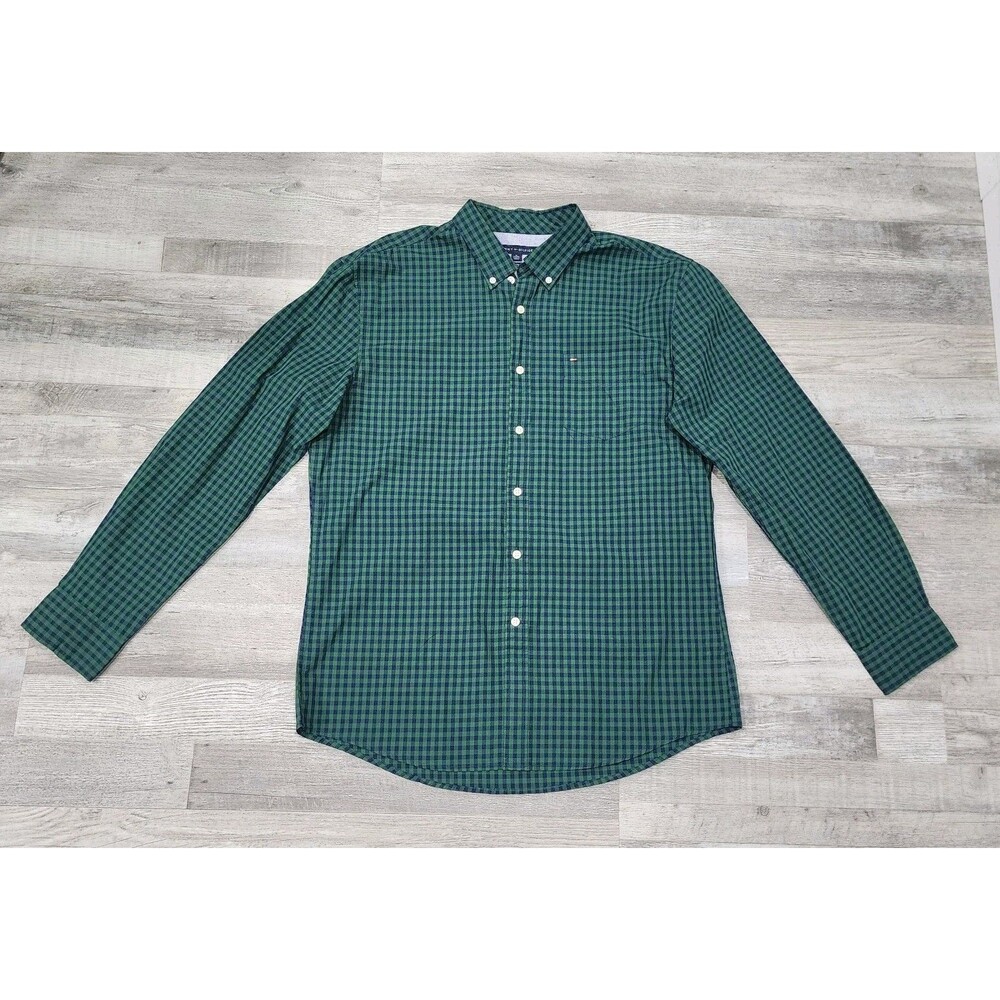 Tommy Hilfiger Custom Fit Men's Long Sleeve  Shirt Green Plaid Logo Sizes XLarge